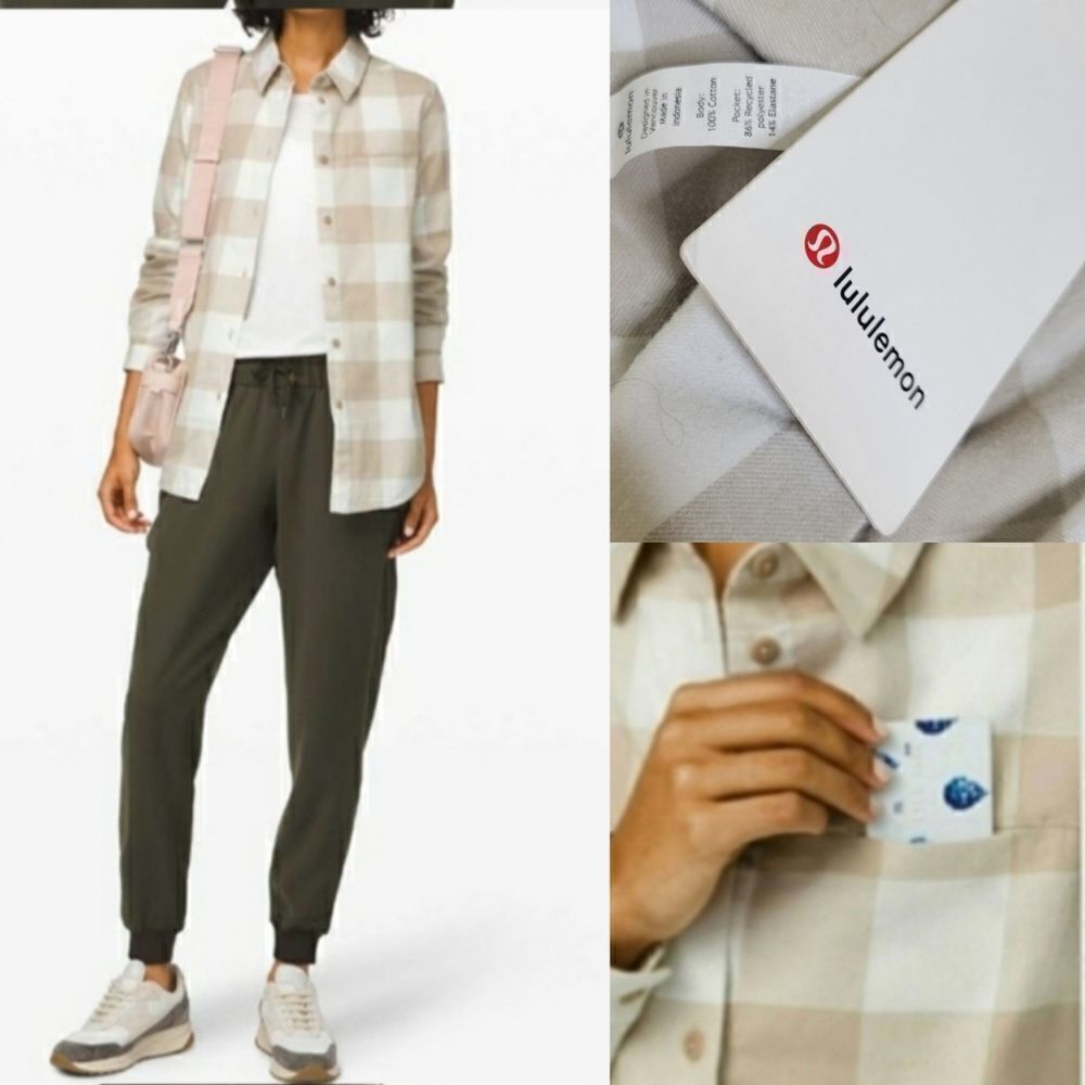 NEW 12 LULULEMON SOFT FLANNEL TAN CHECK PLAID LONG SLEEVE TUNIC SHIRT TOP NWT